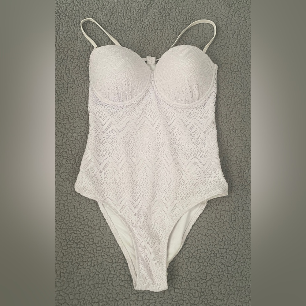 White Lace Contour One Piece Swimsuit Cutouts Built In Bra Tinibikini Size Large